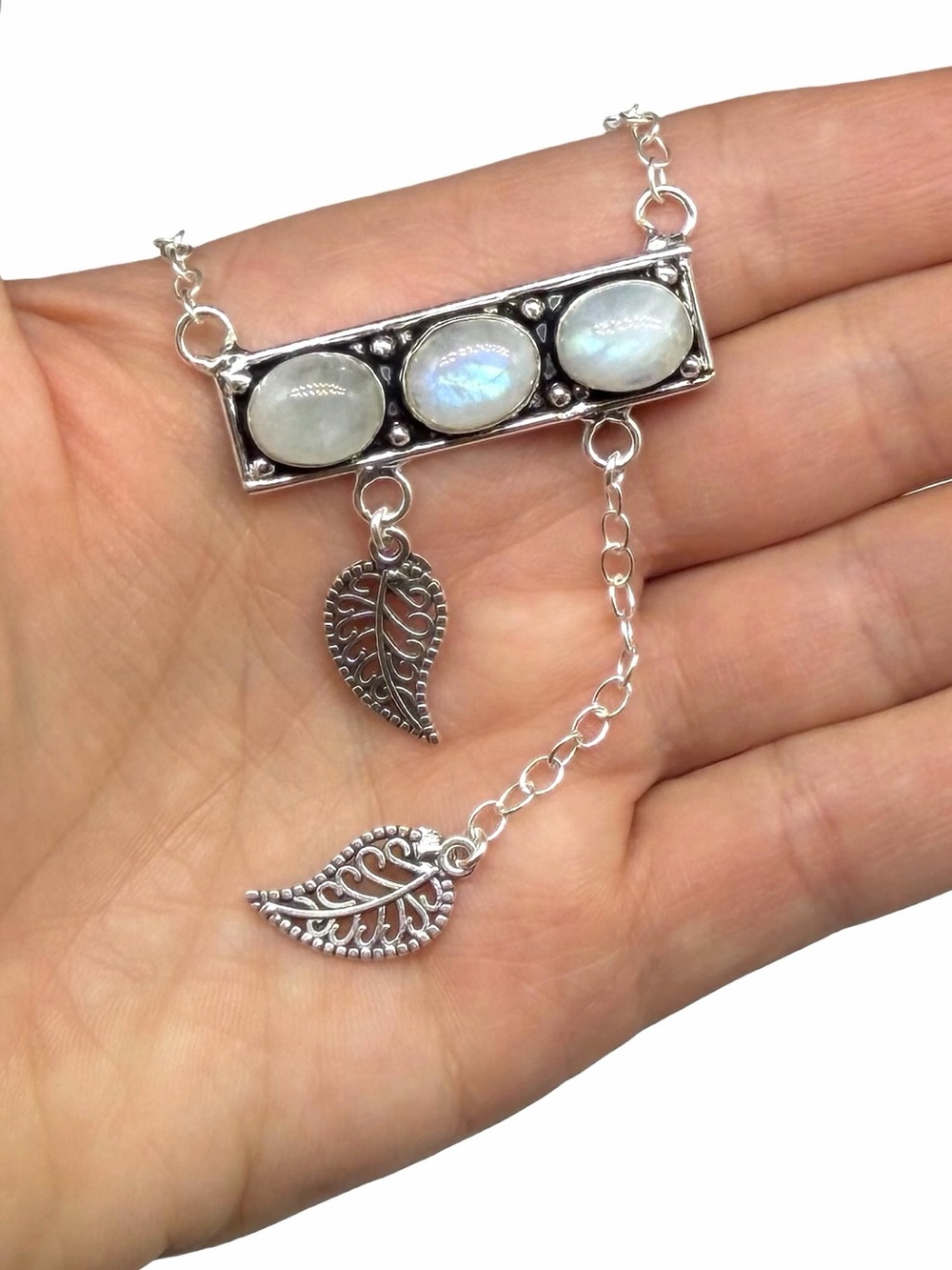 Rainbow Moonstone Pendant Chain Leaf Leaves Necklace 925 Sterling Silver Overlay